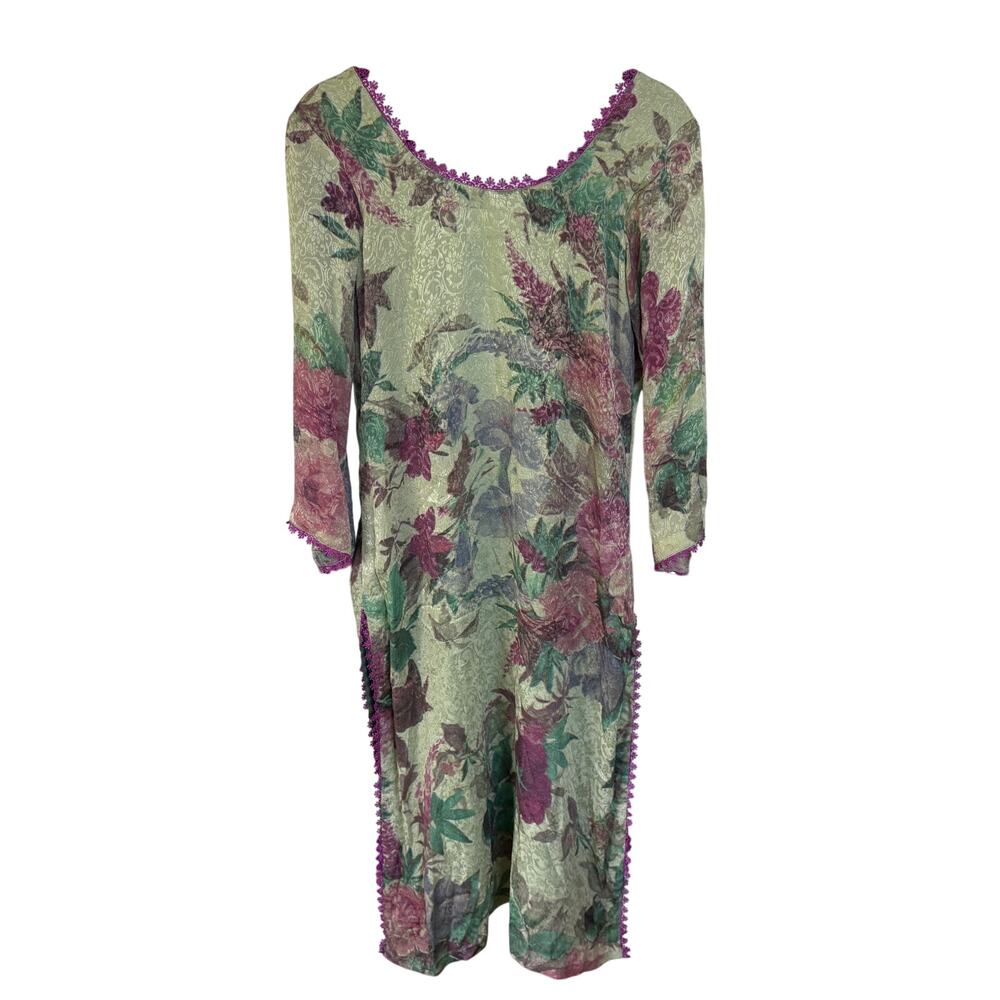 Vtg Bohemian Long Silky Fairy Tunic Top Handmade Green Floral Ethereal Romantic